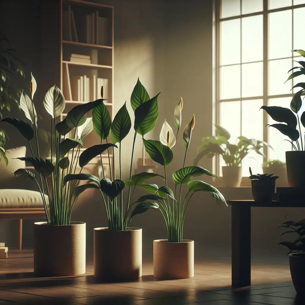 An indoor scene showing a peaceful ambiance with several lush peace lilies (Spathiphyllum) thriving under low light conditions. The lilies are placed in generic, logo-less terracotta pots positioned near a window that allows in a soft, diffused light. The room has a warm and cozy feel with muted, neutral tones. In the background, there are silhouettes of household furniture like a simple wooden table and a comfortable armchair. There's also a bookshelf filled with non-branded books. The focus is on the health and vitality of the peace lilies, demonstrating the effectiveness of the expert tips.
