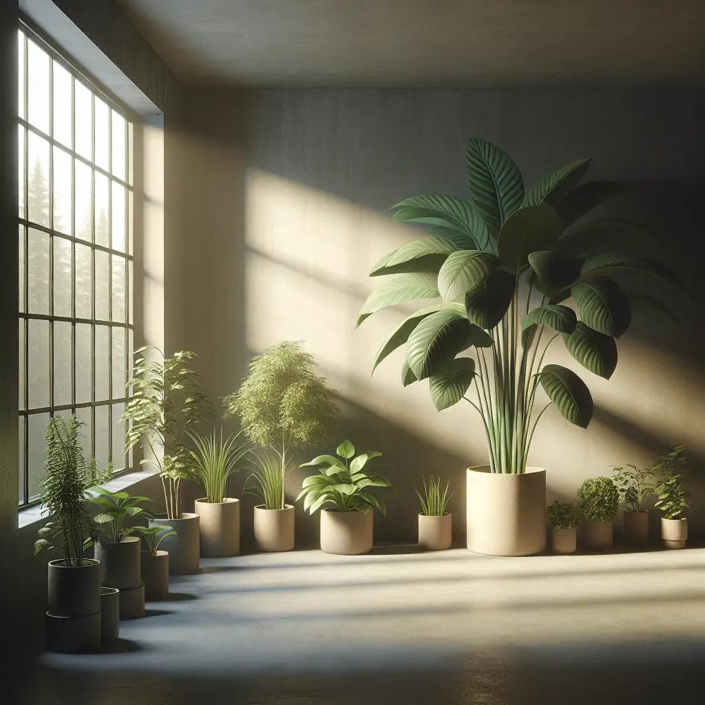 A depiction of a tranquil indoor environment with limited light. Shade-loving cast iron plants thrive here, their lush green leaves standing out against the calm, muted undertones of the room. There are a few pots of varying sizes, all containing healthy cast iron plants. Nearby, a large window allows minimal sunlight to enter, reflecting the concept of low light spaces. The scene exudes care and nurturing, symbolizing the positive results of proper plant care. The elements in this scene should be non-branded and ambiguous in style.