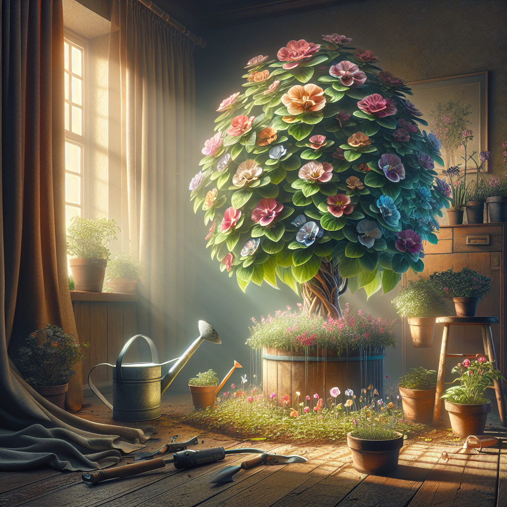 An enchanted indoor garden scene showing a flourishing Busy Lizzie plant, symbolizing continuous growth and blossoming. The plant is well-nourished and exudes a vibrant display of pigmented flowers in a variety of colors. Nearby, gardening tools rest next to a watering can, depicting mindful nurturing. There are no people, text, or brand names visible in the scene. The light is soft and warm, bathing the scene with a cosy, quiet ambiance, highlighting it as a sanctuary for plant growth. Overall, the portrayal serves as a vivid representation for an article about nurturing an Indoor Busy Lizzie for continuous flowers.