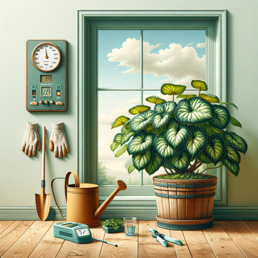 An illustration that portrays beautifully how to care for a Rieger Begonia indoor plant. Features a healthy, lush Rieger Begonia positioned next to an open window, symbolizing the need for exposure to indirect sunlight. The watering can, generic plant feed, a pair of gardening gloves, and a humidity meter are organized neatly nearby indicating attentive care required. The flooring is one of light, unstained wood, adding warm, natural tones to the setting. The composition emphasizes serenity and nurturing without the presence of human figures, brand names, or logos, and no text.