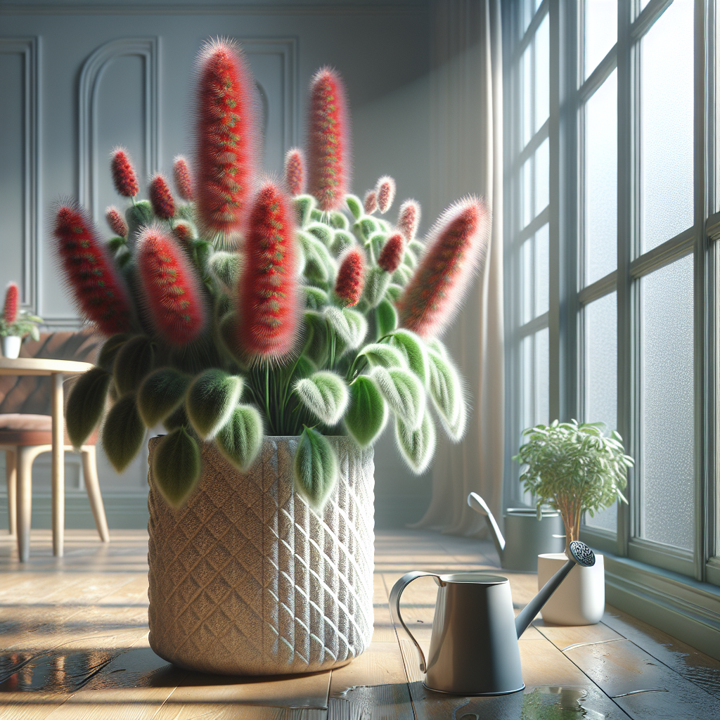 Visualize an interior setting with a beautifully maintained Chenille plant thriving in a decorative ceramic pot. The plant should be in the center of the composition, showcasing its fluffy, red, catkin-like flowers and soft, glossy, green foliage, which add a unique texture to the scene. The background should feature a glass window bathing the plant in sunlight, while the foreground should include a watering can and a plant mister. Exclude humans, brands, logos, and any form of text in the image.