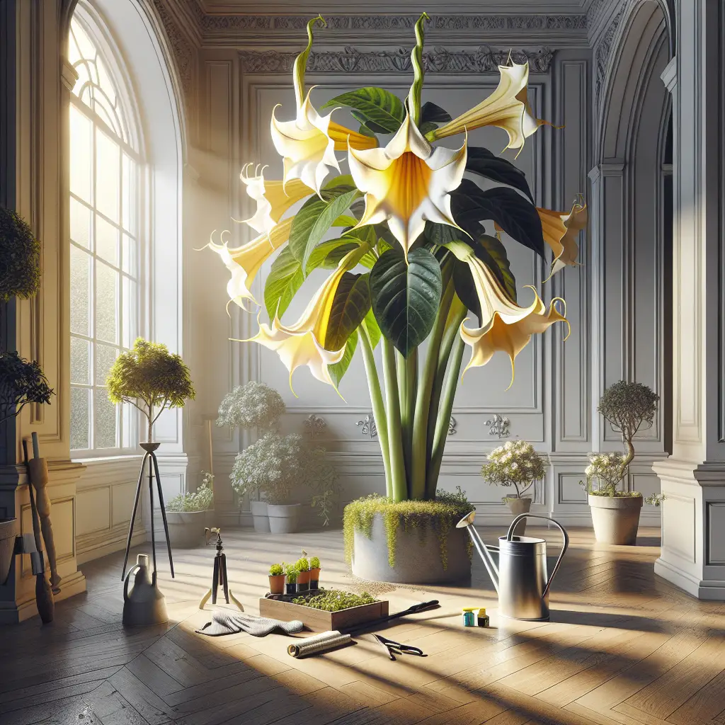 The image showcases an intricate indoor setting, ideal for nurturing an exotic Angel's Trumpet plant. The room is bathed in soft, natural light pouring from a nearby window, fostering an environment conducive to plant growth. In the center, an Angel's Trumpet plant stands, its large, drooping flowers in full bloom, exhibiting a bright mix of yellow and white colors. Care tools like a watering can, mister, and pruning shears are placed near the plant, indicating the need for consistent hydration and trimming to sustain its health. There are no people, text, brand names or logos within the image.