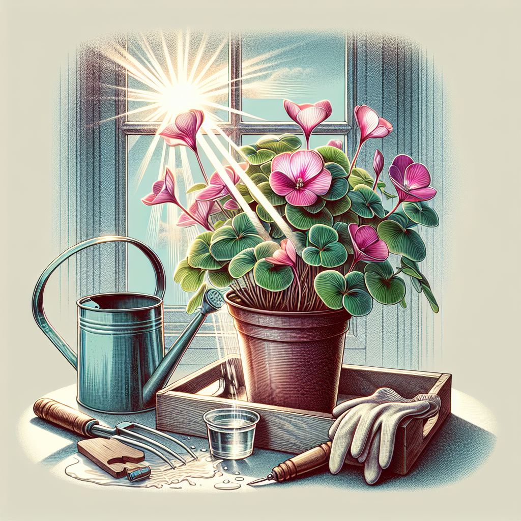 A detailed illustration emphasising the care and nurture of an indoor Oxalis plant, the delicate flowers radiating in vibrant hues of pink. Depict the process visually with a simple watering can nearby, the sunlight streaming through a window falling onto the plant, and a pair of gardening gloves and a small tool set adjacent to it. No textual elements, brand names, logos or human figures should appear in the scene.