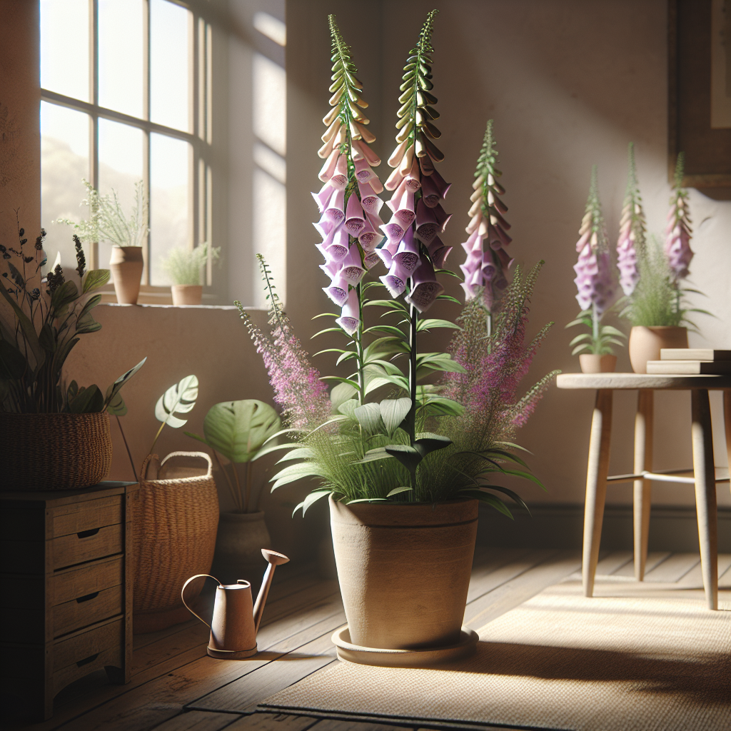 Indoor scene showcasing a potted foxglove plant with the focus being on its lush foliage and distinct bell-shaped flowers that cascade in hues of purple and pink. Light filters softly through a nearby window creating a warm ambiance. Surrounding decor is minimalistic with rustic charm, including a wooden side table, a muted color rug underfoot, and a simple terracotta pot holding the foxglove. A small watering can rests by the side of the plant, symbolizing its nurturing care. The picture resonates with tranquility devoid of people, text, and brand-specific reference.