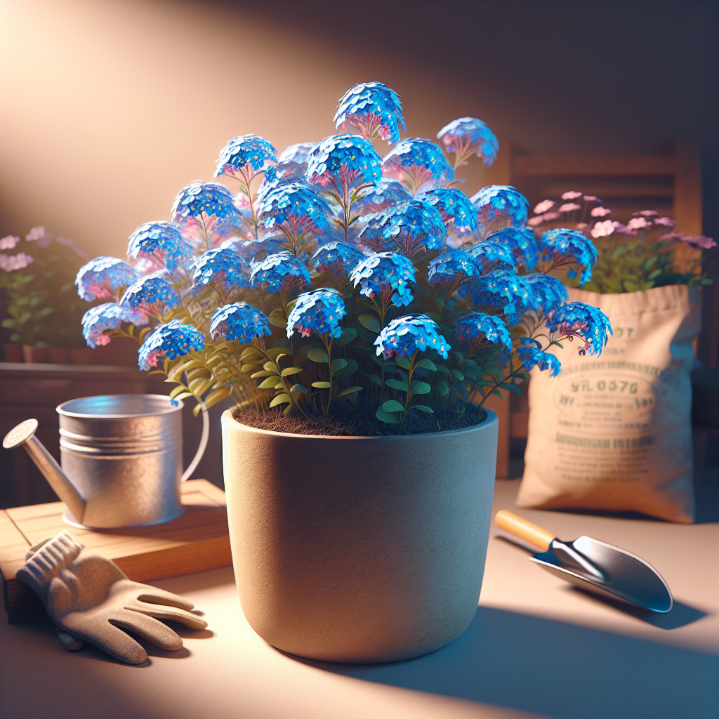 An indoor scene featuring a blooming Forget-Me-Not plant. Bright, vibrant blue flowers are on full display, mixed with hint of pinkish hue in the petals creating a mesmerizing visual. The plant is growing in a neutral-colored, ceramic pot without any markings or brand names. Around the pot we can see a pair of gardening gloves, a small watering can, and a bag of soil which is devoid of any text or logos. The lighting is soft and warm, creating a welcoming and nurturing environment for the plant growth.