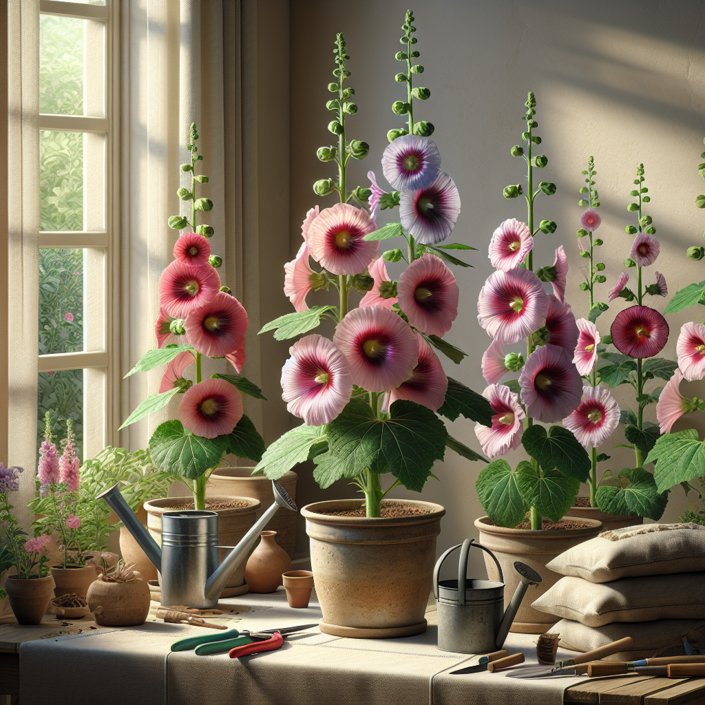 A serene indoor gardening scene featuring hollyhock plants in full bloom showing off their charming flowers. The hollyhocks are cared for meticulously in well-appointed clay pots, revealing a blush of vibrant colors such as pink, red, and purple. They are positioned near a window to receive ample sunlight. There are also gardening tools silently resting on the table; a watering can, pruners, and a bag of soil clearly showing signs of frequent use. The setting is devoid of text, logos, or people, maintaining the tranquility of the spotless, sunbathed plant care domain.