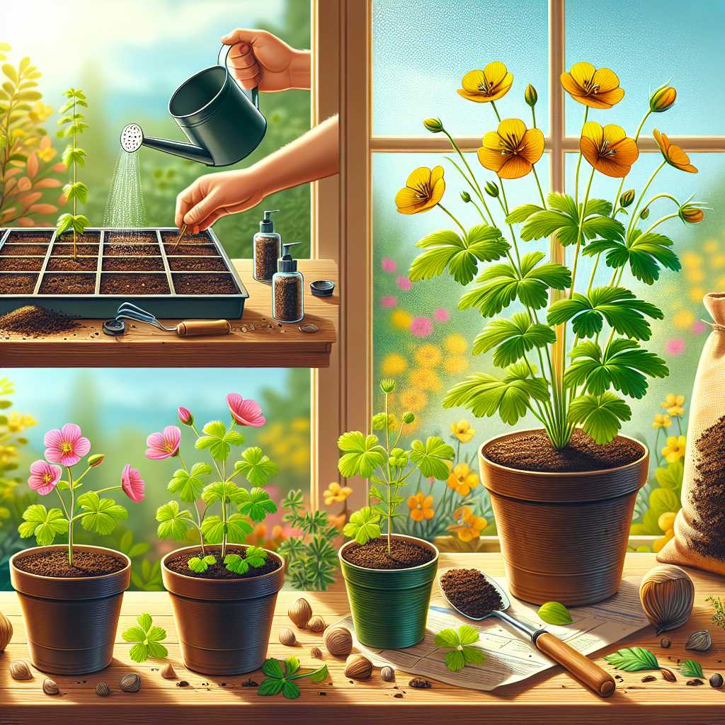 A vibrant indoor scene showcasing the process of growing a cinquefoil plant indoors. Sample stages can include: the placement of a seed in a pot filled with rich organic soil, a young cinquefoil plant just beginning to sprout, and a fully-grown cinquefoil plant displaying bright flowers in full bloom. Ensure the plants are being displayed in plain, unbranded pots positioned on a brightly lit windowsill. Among the surroundings, include some common indoor gardening tools, such as a watering can and a bag of soil, again, without any brand names.