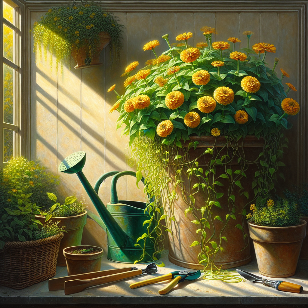 A vibrant depiction of an indoor greenhouse setting. In the foreground, a healthy and lush creeping zinnia plant is growing in a terracotta pot, its trailing stems and sunny yellow blooms climbing and cascading over the sides. Sunlight filters through a nearby window, casting a warm, inviting glow over the scene. Also present in the image is a watering can, a small pair of gardening shears, a trowel, all unbranded. The backdrop is a neutral wall that enhances the green of the foliage and the brilliance of the blooms. The entire scene exudes an atmosphere of tranquility and the joy of indoor gardening.