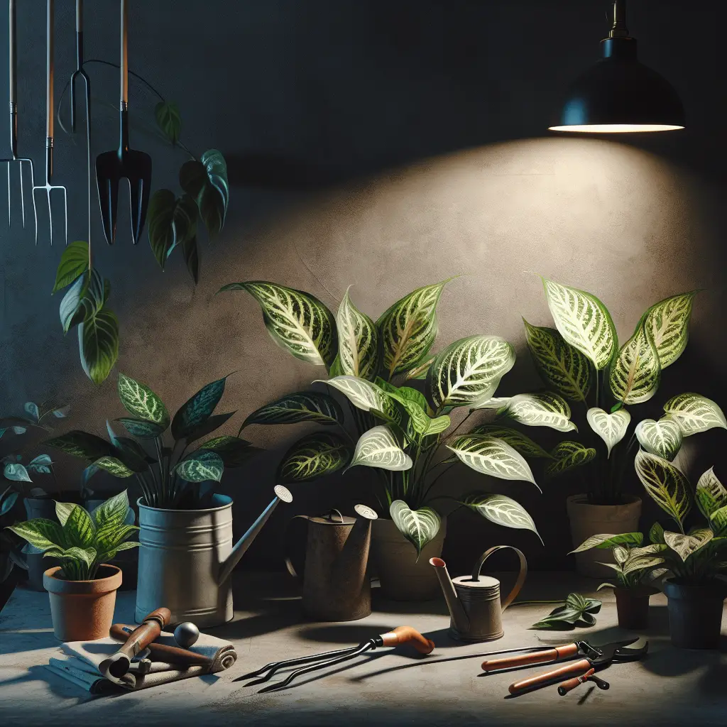 An indoor home setting with dark and light areas. There are several Aglaonema plants scattered about, thriving in the low light conditions. The green leaves of the Aglaonema plants exhibit various designs and shades. A few vintage gardening tools like a watering can, a hand fork and pruners are placed casually around. There are no people, brand names, or text in the scene.