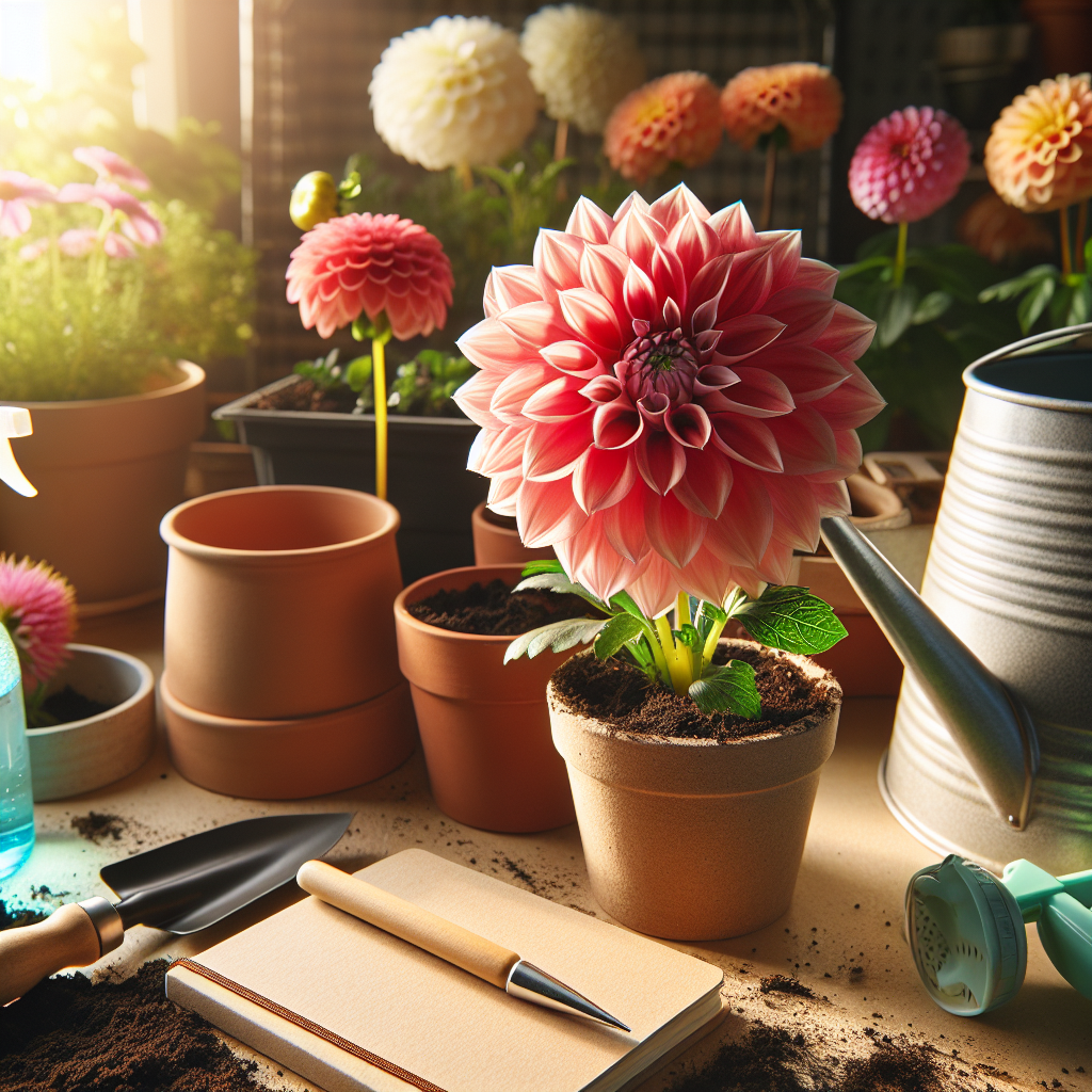 A vibrant close-up image of a dahlia plant blooming in an indoor setting. The background contains standard, non-branded indoor gardening essentials, like a watering can, plant pots, small spade, and spritzer. The soil seems well-drained, highlighting the importance of proper soil management. Ambient sunlight filters in from a nearby window, demonstrating the plant's requirement for sunlight. Adjacent to the dahlia is a neutral-colored notebook, suggestive of note-taking for plant care without any visible writing or brand names.