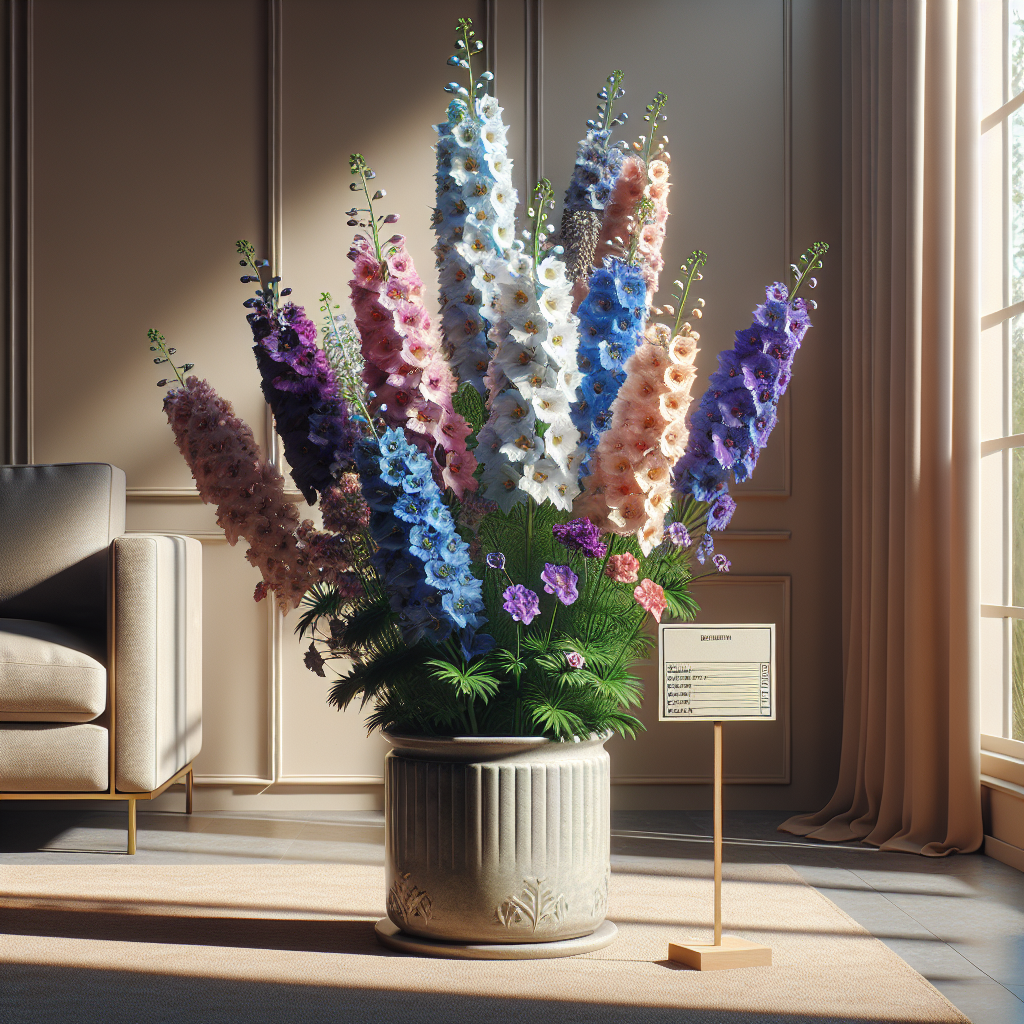 An image showcasing an indoor delphinium plant. The scene represents a vibrant and healthy delphinium plant growing in an elegant ceramic pot in an indoor environment. The environment includes a well-lit window, providing natural light. The plant dazzles with its shining, dramatic blooms in variations of colors, including blues, purples, pinks, and whites. Attached to the plant is a blank label on a wooden stake, indicating the delphinium's care routine typically followed by garden enthusiasts. Aside from the primary features, the room has neutral tones complementing the eye-catching delphinium. No people, brand names, logos, or text are present in the image.