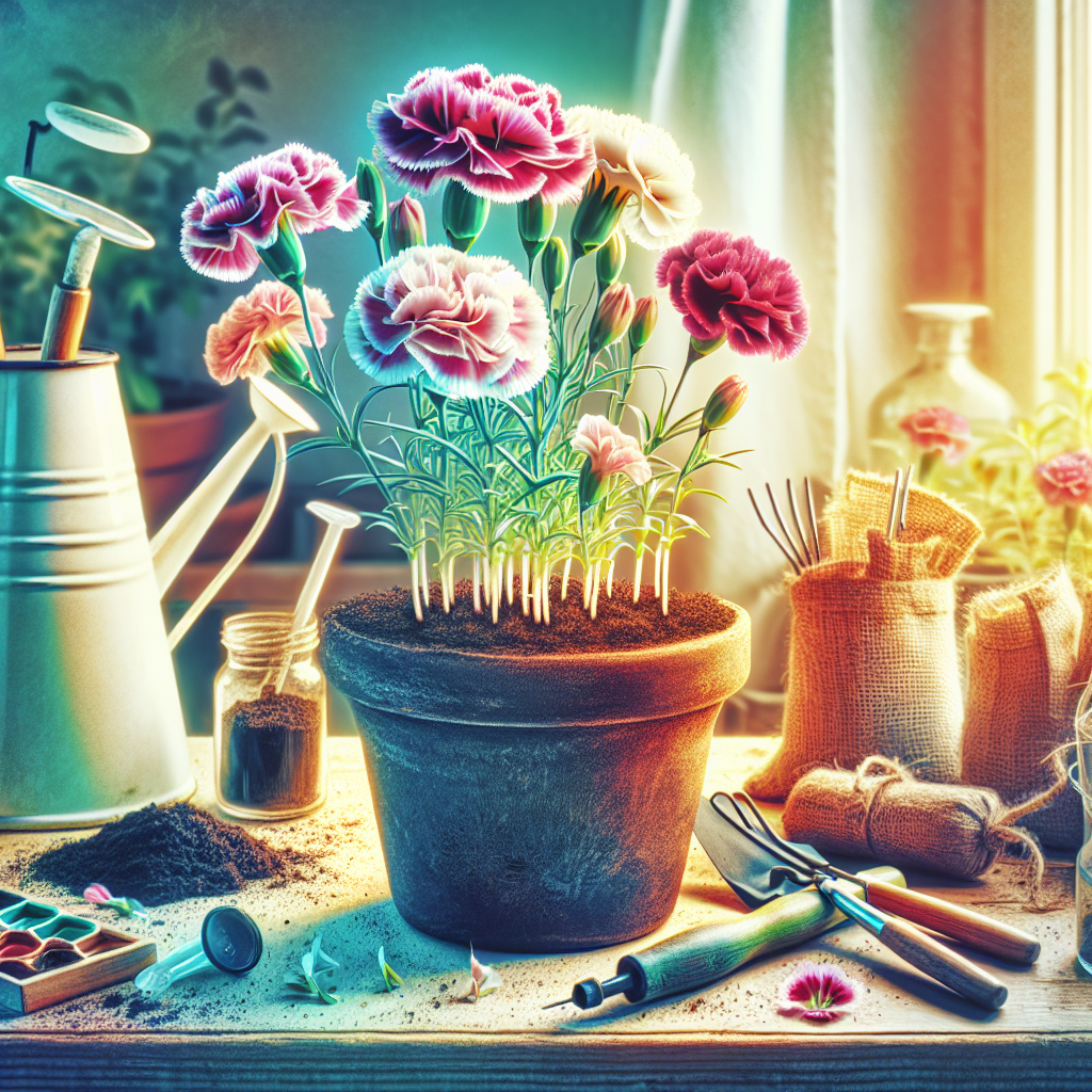 A colorfully fuzzed out indoor scene of gardening focused on the cultivation of a Dianthus plant. Highlight key stages such as the germination of seeds in a small pot filled with soil, sprouting stages, and eventually transforming into a full bloomed Dianthus. Ensure that the plant is featured prominently, displaying its rich colors and trademark ruffled petals. Besides the plant, include gardening tools such as a small hand hoe, a watering can, a spray bottle, and a bag of soil nearby, all without any branding or logos. A well-lit window sill on the background could hint the required sunlight for the plant. Note that the image does not involve any human figures, brand names, or text elements.