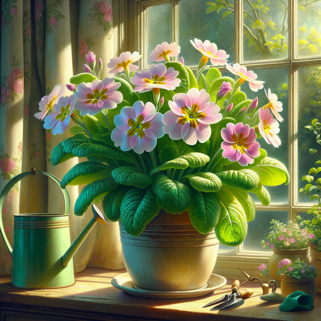 A vivid depiction of indoor botanical beauty: a lush, verdant Fairy Primrose plant. The exquisite flower blossoms with gentle hues of pink and white, dainty and delicate as if touched by a whimsical fairy's magic. The plant is well-cared for, flourishing in warm indoor light by a sunlit window. Nestled in a plain, unbranded ceramic pot, it provides an idyllic and serene glimpse of nature indoors. A watering can sits nearby, a silent promise of attentive and devoted care, and a pair of gardening gloves implies nurturing, attention to details. There are no people, text, or visible brand logos.