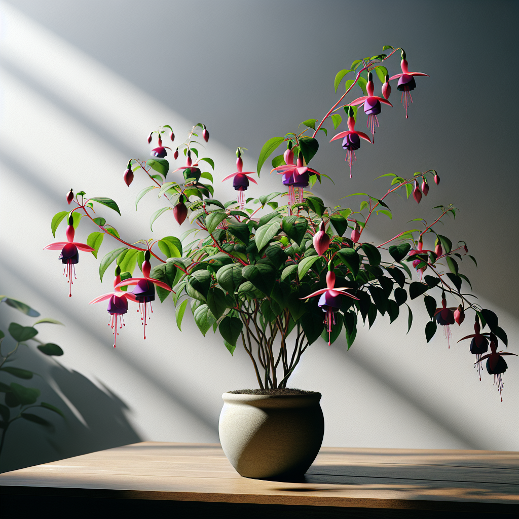 A vibrant, healthy Fuchsia plant flourishing in an indoor setting. The plant is showcased in a nondescript clay pot, placed on a sleek wooden table. Sunlight is streaming subtly through a nearby window, casting gentle shadows and highlighting the plant's striking pink and purple flowers. In the backdrop, a minimalist, clean white wall adds contrast and allows for the colors of the Fuchsia plant to pop. The scene exudes an air of tranquility and growth, exemplifying the beauty of indoor gardening.