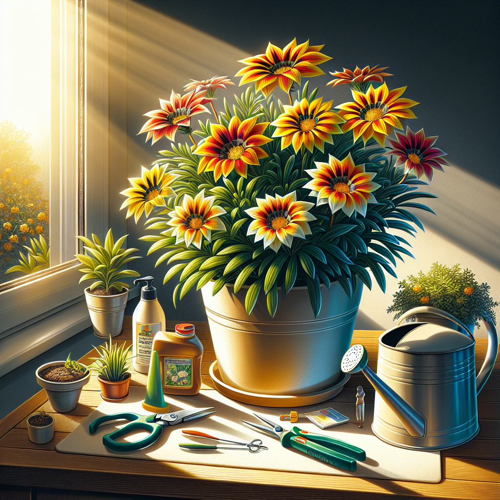 A detailed depiction of indoor Gazania care. The scene includes a lush Gazania plant with vibrantly colored flowers in shades of yellow, orange, and red. The plant is positioned near a sunlit window, highlighting the importance of light for its growth. There's a watering can nearby indicating the need for proper watering. Additional care necessities like a small pair of pruners for deadheading, a bottle of organic fertilizer, and a hygrometer to measure humidity are also incorporated in the scene. No people, text, brand names, or logos are present in the visual.