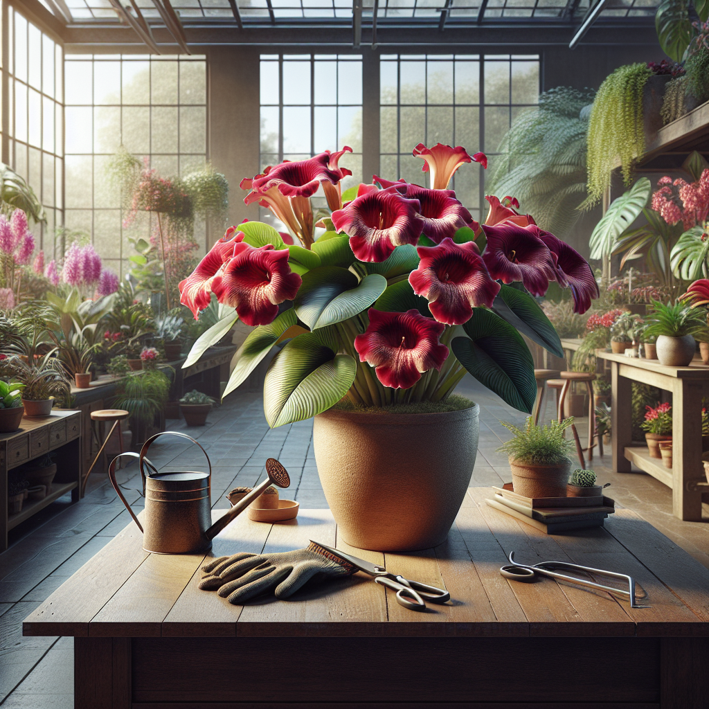 An indoor setting showcasing a vibrant Gloxinia plant in full bloom. The setting is a well-lit room with large windows allowing the natural light to pour in. The Gloxinia, exhibiting dramatic crimson flowers, sits atop a plain wooden table. Surrounding the Gloxinia are various gardening tools such as a watering pot, a pair of garden shears, and gloves - devoid of text or logos. In the background, an array of exotic indoor plants contributes to the calm and serene ambiance. The atmosphere altogether portrays the concept of indoor gardening and tends to emphasize the charm of the spectacular Gloxinia blooms.