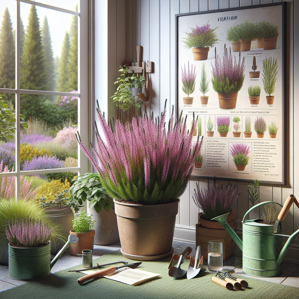 An indoor gardening setup showing heather plants thriving in a pot. The room is filled with natural light pouring from a large window. A watering can and various gardening tools lay nearby, ready for use. A small note illustrating proper care instructions for heather plants hangs subtly in the background. A muted green area rug anchors the space, complementing the vibrant purple blooms on the heather. Outside the window, a beautiful garden view completes the scene, emphasizing the contrast and connection between outdoor and indoor gardening environments.