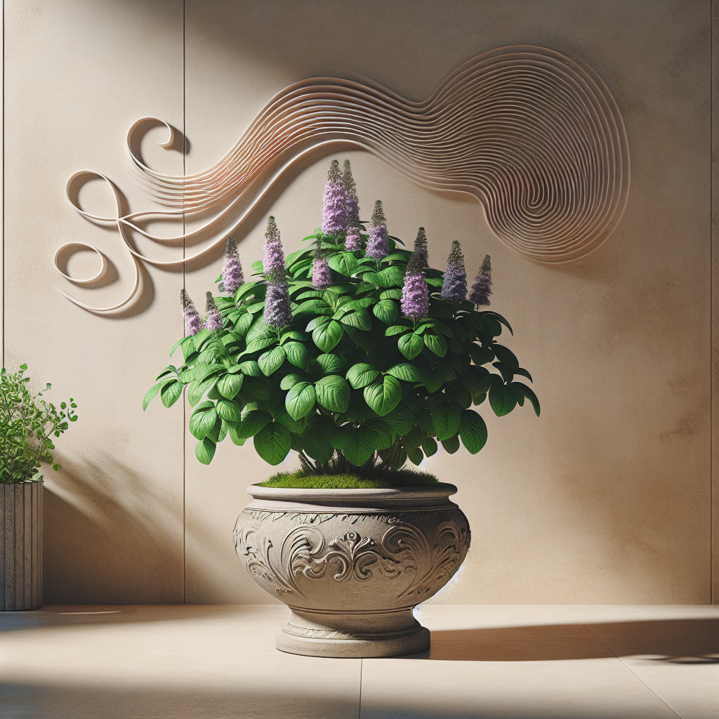 An indoor setting featuring a lush, healthy heliotrope plant. The plant is set against a softly-lit background that complements its vibrant green leaves and rich purple flowers. The plant is situated in an unbranded, ornately-designed ceramic pot. The fragrance of the heliotrope is visually represented via a series of abstract, curvy lines wafting from the flowers. There are no people or brand names in the scene. The surroundings are a tasteful mix of natural and minimalist elements, establishing a serene and nurturing environment for the plant.