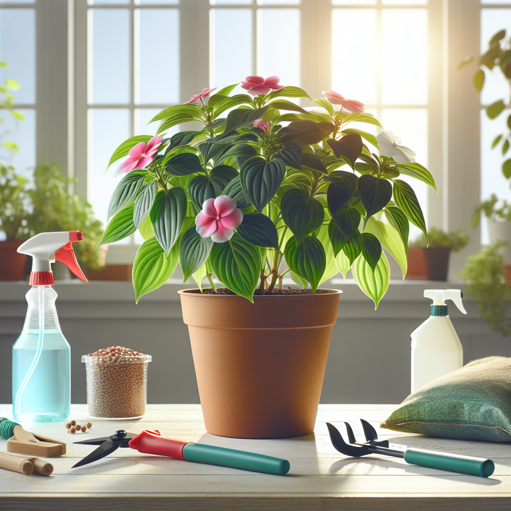 A vibrant and lush Indoor Impatiens plant. It's housed in a plain terracotta pot, placed atop a white wooden table. Surrounding it are different types of relevant gardening equipment: small pruning shears, a spray bottle for water, and a bag of organic fertilizer pellets. The background reveals a sunlit room with wide windows allowing just the right amount of sunlight to reach the plant. Show no humans nor human elements and absolutely no text or brand logos are to be visible.