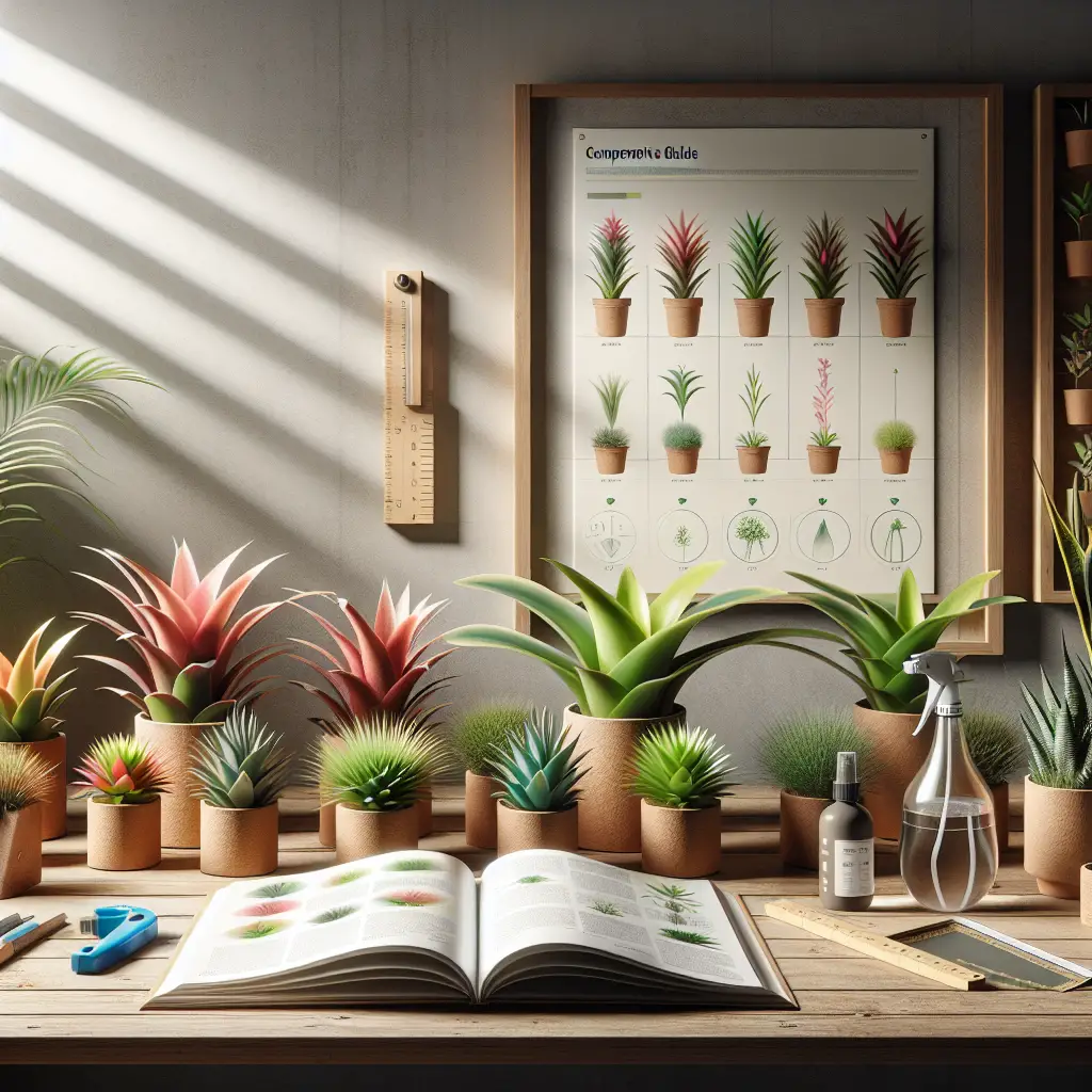 An indoor setting illuminated primarily by diffused, filtered light. On a wooden table, several neat rows of colorful bromeliad plants are growing healthily in terra cotta pots. A spray bottle filled with water and a ruler for measuring plant growth are both nearby. A comprehensive guide on bromeliad care is open, but the pages are blank. Displayed nearby on a wall is a step-by-step process of bromeliad care in a low light environment, represented using only icons and symbols. All of these items are of generic design, without any text, brand names or logos.