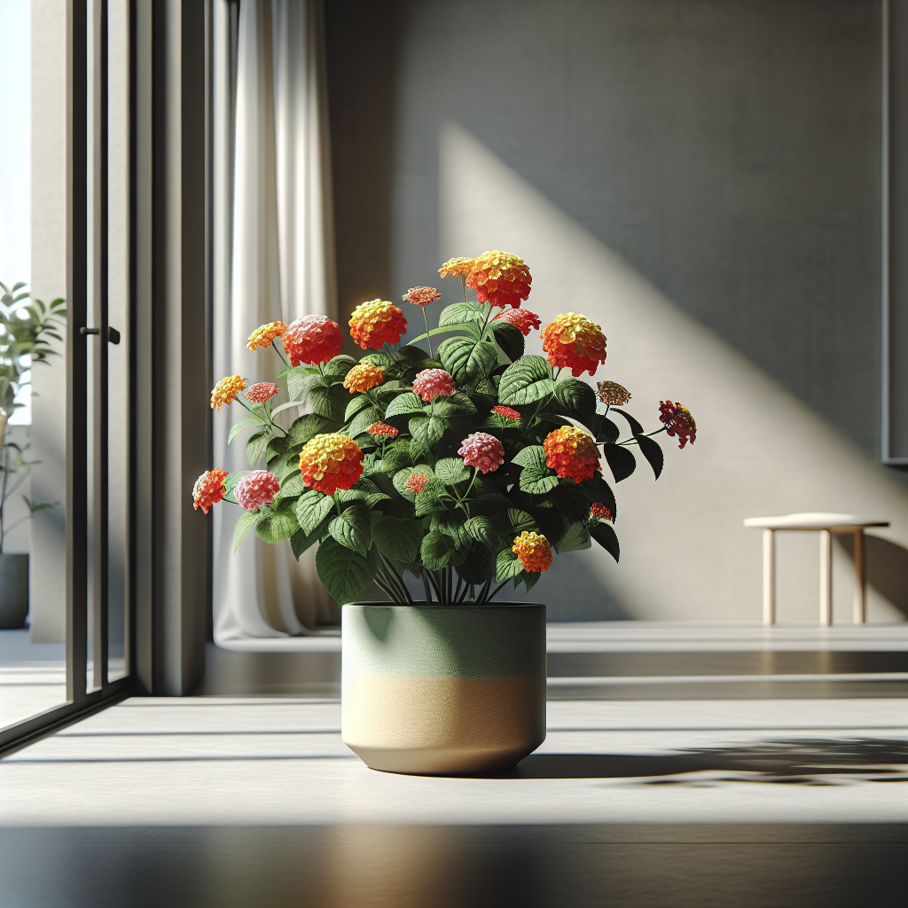 A lively indoor scene showing a flourishing Lantana plant. The plant has clusters of bright, multicolored flowers, reds, oranges, and yellows, blooming against dark green leaves. The plant is potted in a simple and elegant ceramic pot with a neutral hue that complements the vibrant colors of the plant. Around, there's a minimalist room setting with subtle hints of modernity. Well-lit by sunlight pouring from a large window with no visible signs, logos, or text. Gentle shadows add depth to the composition, emphasizing the Lantana's bright and colorful display.