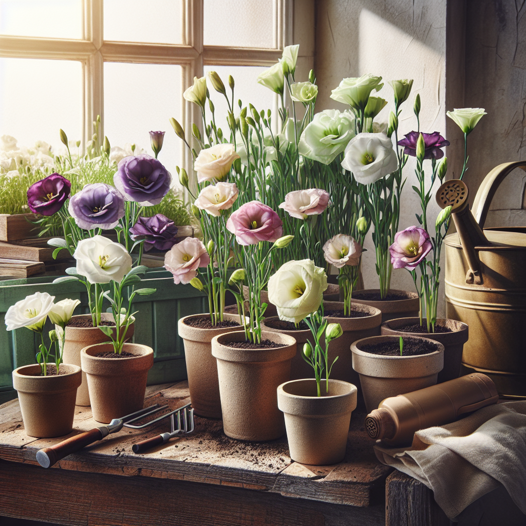 An indoor scene that showcases the process of growing Lisianthus flowers. The setup includes a set of carefully arranged pots with the delicate Lisianthus in various stages of growth, from seedlings to fully bloomed. The flowers have a range of colors from crisp white to vibrant purple, exuding an aura of elegance. In the backdrop is a wide sunny window, allowing ample natural light in, and nearby is a watering can and other unbranded gardening tools, placed on a rustic wooden table.