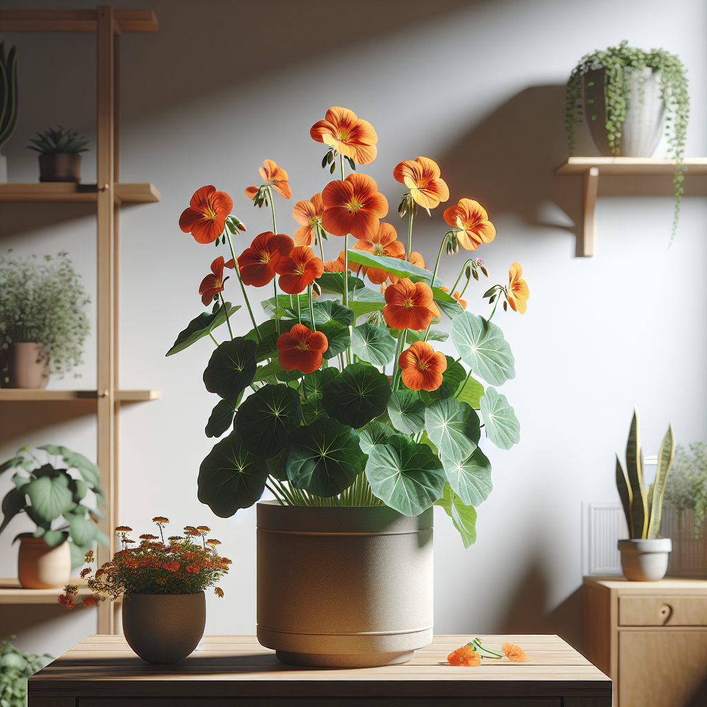 A visually delightful indoor setting showcasing a beautiful nasturtium plant with bright orange blooms. The plant sits in a neutral-coloured, unbranded pot on a wooden shelf against a white wall. The room is softly lit, allowing the vibrant colours of the nasturtium to stand out. An array of other, non-distracting houseplants are scattered around in a tasteful manner. The background contains no brand names, logos, or people, and the whole scenario gives a sense of tranquillity and serenity. The scene has a cozy vibe, welcoming the viewer for a closer look at the thriving nasturtium with its peppery blossoms, inviting a connection with nature indoors.