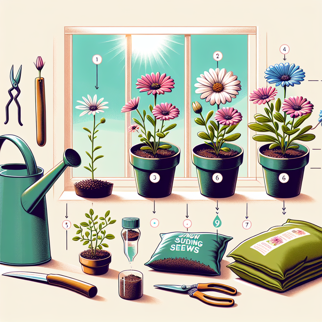 An image illustrating the process of growing indoor Osteospermum daisies. The image should show various stages of growth, from planting the seeds, young seedlings sprouting, to a fully bloomed Osteospermum daisy. All stages must be placed at a sunny window, suggesting the proper placement for these plants indoors. Various indoor gardening tools should be displayed as well: a watering can, pruning shears, and a bag of soil, but without any text, brand names, or logos. The hues of the image should be bright and cheerful, mirroring the vibrant colors of the Osteospermum daisy.