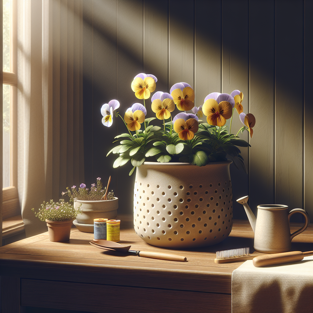 An image showcasing indoor pansy care. Visualize a vivid, healthy, blooming pansy resting in a simplistic, poke dot ceramic pot. The pot is positioned upon a wooden indoor table, subtly lit by a streak of natural light trickling from an opened window pane. Some essential care items like a small watering can, a pair of garden gloves and organic fertilizer should be nearby, without any brand names or logos. There is no one present in the room, offering a tranquil and peaceful vibe.