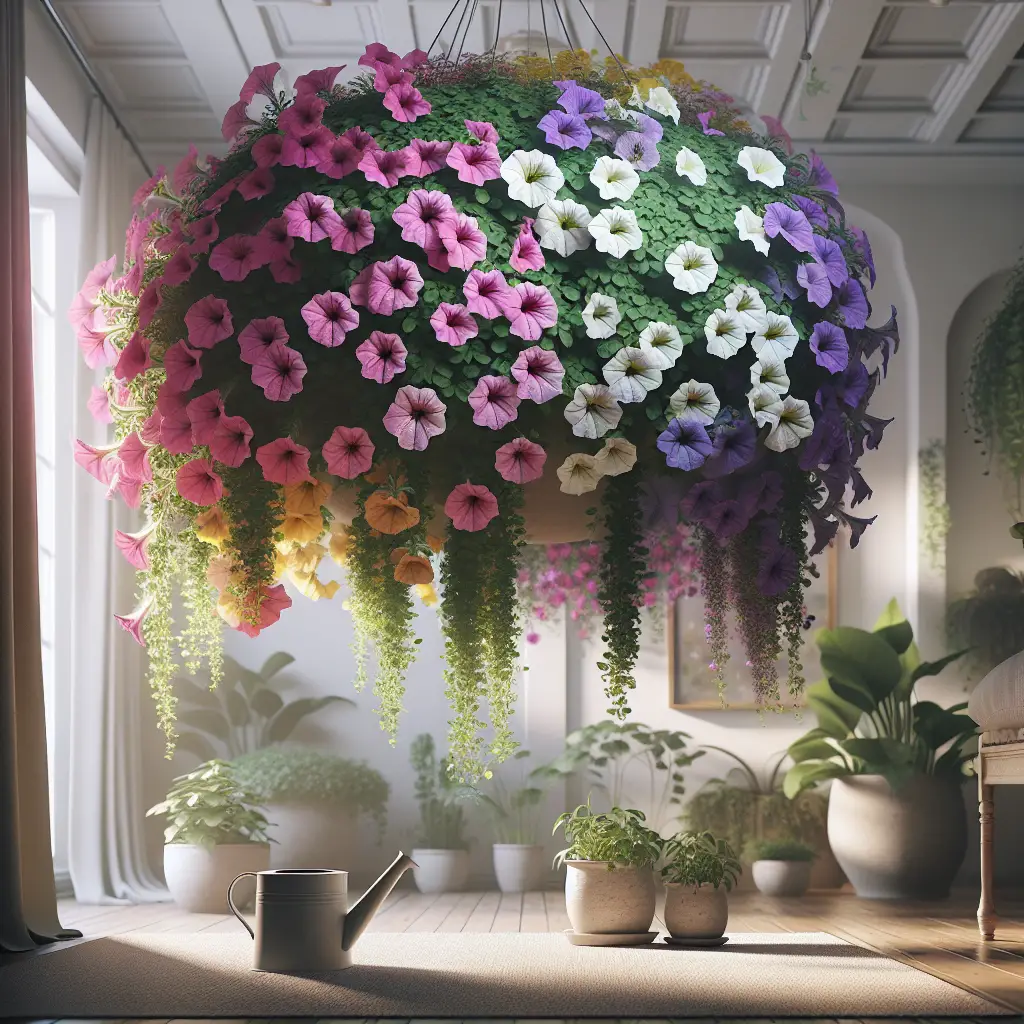 A sumptuous indoor gardening scene featuring a blooming petunia plant. The petunia cascades from an unbranded ceramic pot that hangs from the ceiling. It shows a vibrant array of petals in a riot of colors including pink, purple, yellow, and white. Soft sunlight filters through a nearby window, illuminating the scene, and the room is adorned with various houseplants, each in simple, unbranded planters. On the floor below the hanging petunia plant, a basic watering can is visible. The image conveys the calming beauty that indoor gardening can bring to a home, focusing on the lush, multi-colored petunia as its centerpiece.