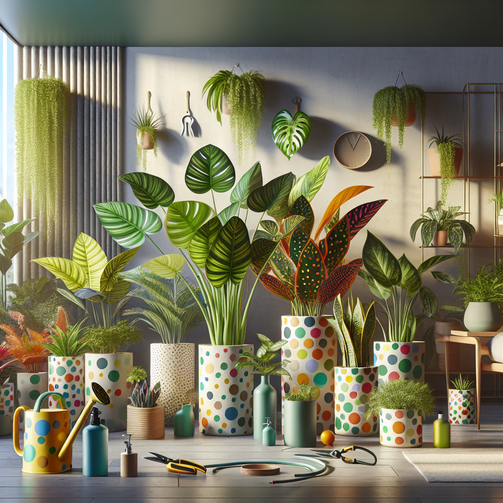 An image illustrating the concept of nurturing Indoor Polka Dot Plants for colorful foliage. The indoor scenery is vibrant, filled with luscious, green and healthy polka dot plants, their leaves contrasted with vibrant spots in various tones. The environment is set in a modern home, with minimalist furniture, natural sunlight seeping in through a nearby window. Various gardening tools like watering can, pruning scissors, and a misting spray bottle can be spotted, suggesting the careful management of these plants. All elements in the image are devoid of text and brand logos.