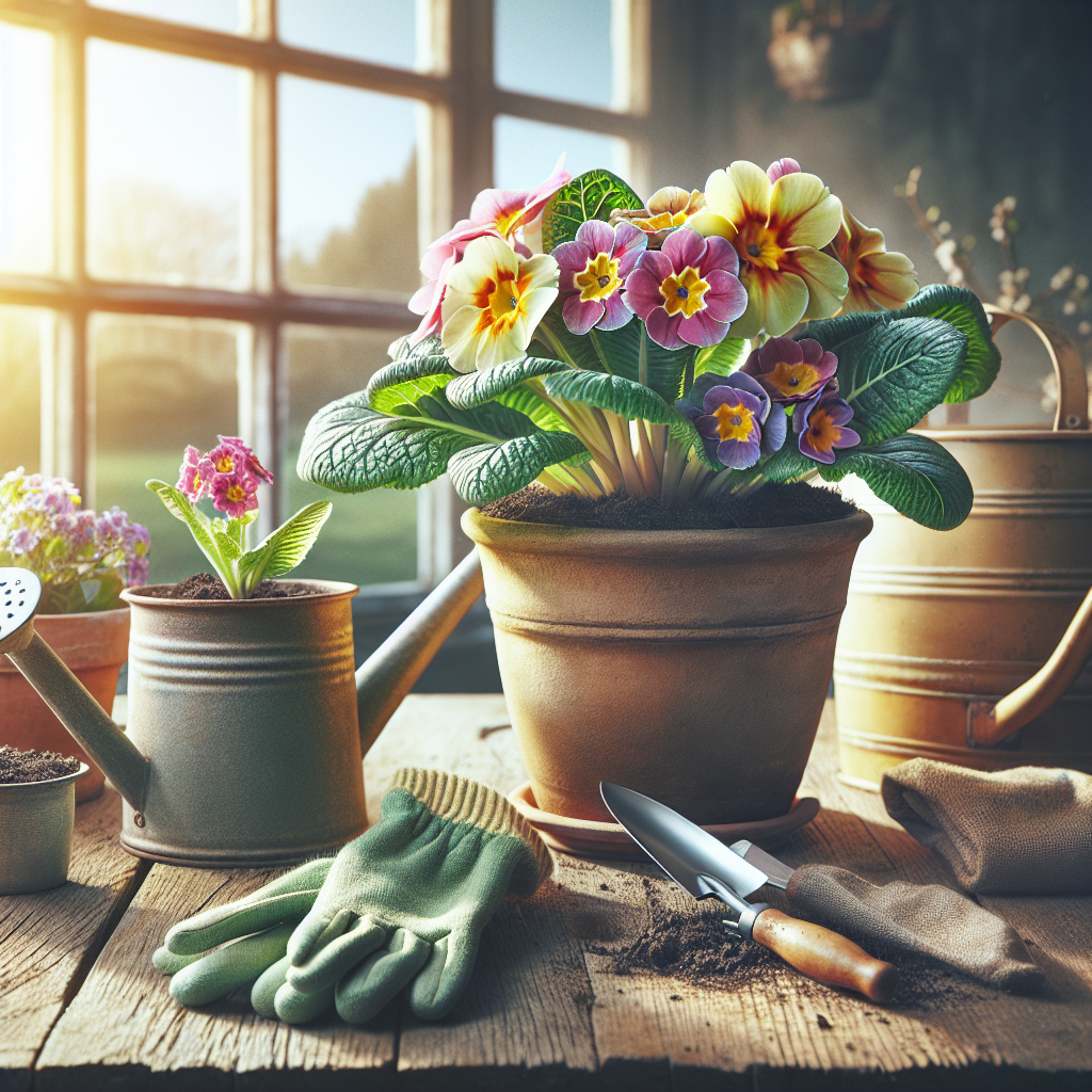 Visualize an indoor gardening scene featuring the process of cultivating a Primula flower for early spring bloom. The focus should be on a bright, vibrant Primula plant, with colorful flowers, nestled in a ceramic pot on a rustic wooden table. Beside the flower pot, include a watering can, a pair of gardening gloves and a small bag of soil, all without any logos or brand names. Behind, through a sunlit window, a clear blue sky suggests the coming of spring. Please ensure that no text or humans are present in the image.