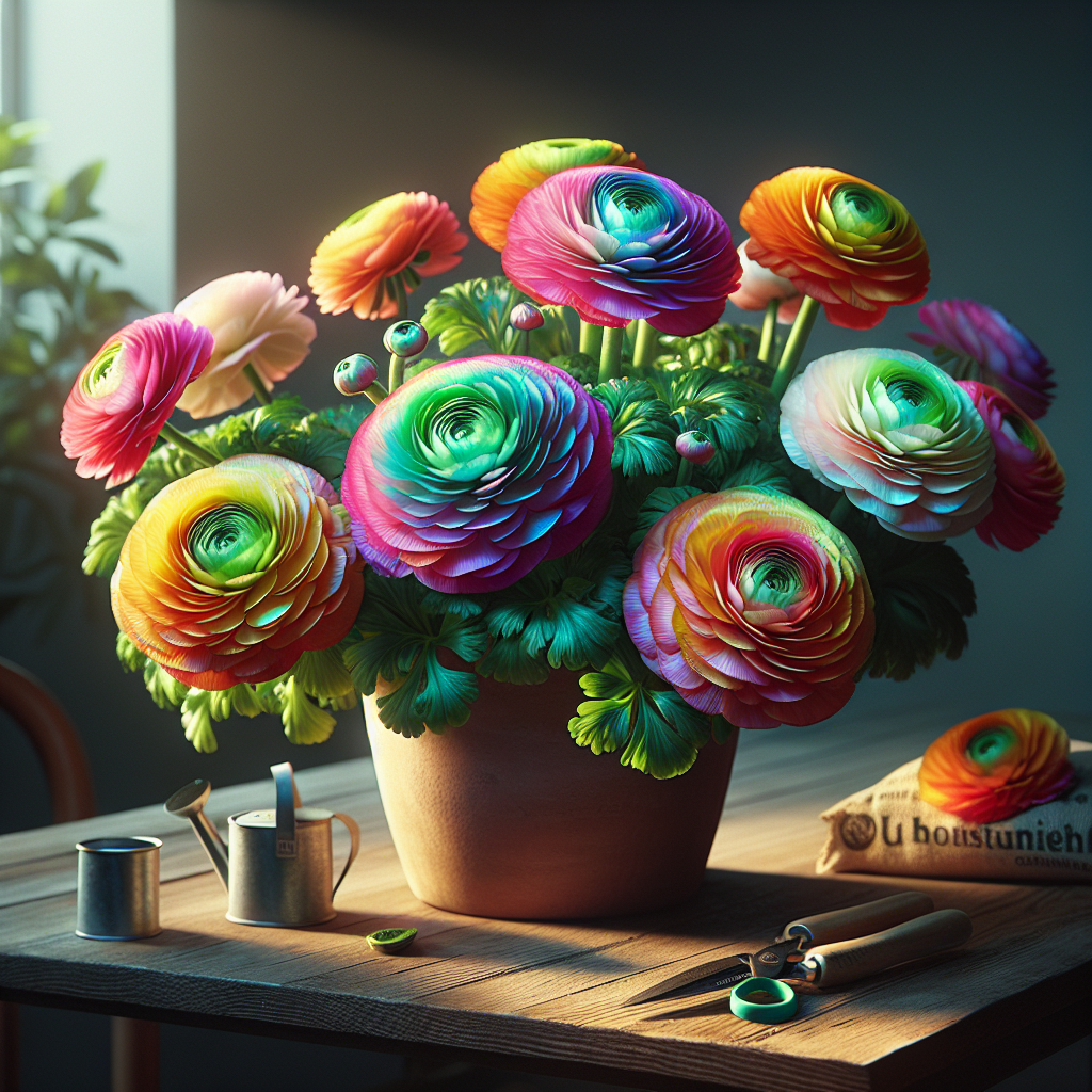 A lush, vibrant indoor Ranunculus plant with a breathtaking display of brightly colored flowers sitting on a wooden table. The petals have spectral coloration, offering a magnificent gradation from near-white at the center to a brilliant hue at the edges. The glossy leaves unfurl with rich green hues, forming a perfect backdrop for the blossoms. The plant is housed in an unbranded terracotta pot and bathed in soft, filtered sunlight from an invisible window nearby. Arranged around the plant are a small unbranded watering can, a pair of unbranded garden shears, and a bag of unbranded potting mix.