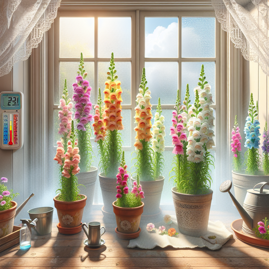 An indoor setting portraying thoughtful care for whimsical Snapdragon blooms. Include potted Snapdragon plants displaying vibrant blossoms in an array of colors standing against a sunny window with lovely lace curtains filtering the soft daylight. Portray a misty environment suggesting regular hydrating care, and feature a small garden watering can and a spray bottle nearby. Illustrate a digital thermometer and a humidity monitor on the wall showing optimal temperatures and humidity for these plants. Paint this scene without any text, brand names, logos, or human figures.