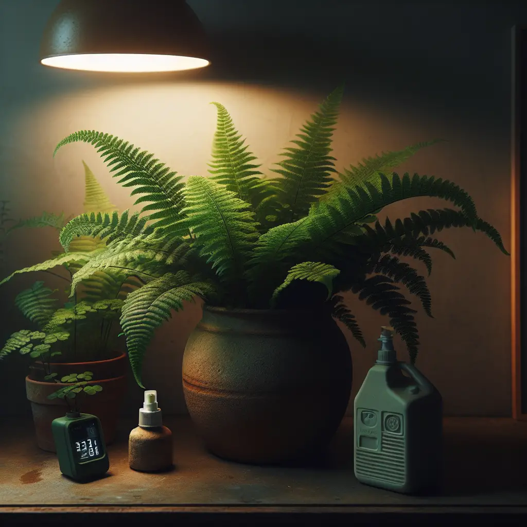 A dimly lit room with a container of verdant Maidenhair Ferns absorbing their surroundings. The room ambiance is tranquil with soft and muted lights encouraging growth. The structure of the ferns is very intricate, each leaf finely detailed and thriving, despite the lack of bright lighting. The container is a simple, unbranded, rustic ceramic pot with an earth-toned color. Beside the pot, one can see a generic, label-free spray bottle and a humidity meter with plain design, which are tools to monitor and ensure the ferns are staying healthy. The air around the ferns evokes a sense of serenity and well-being.