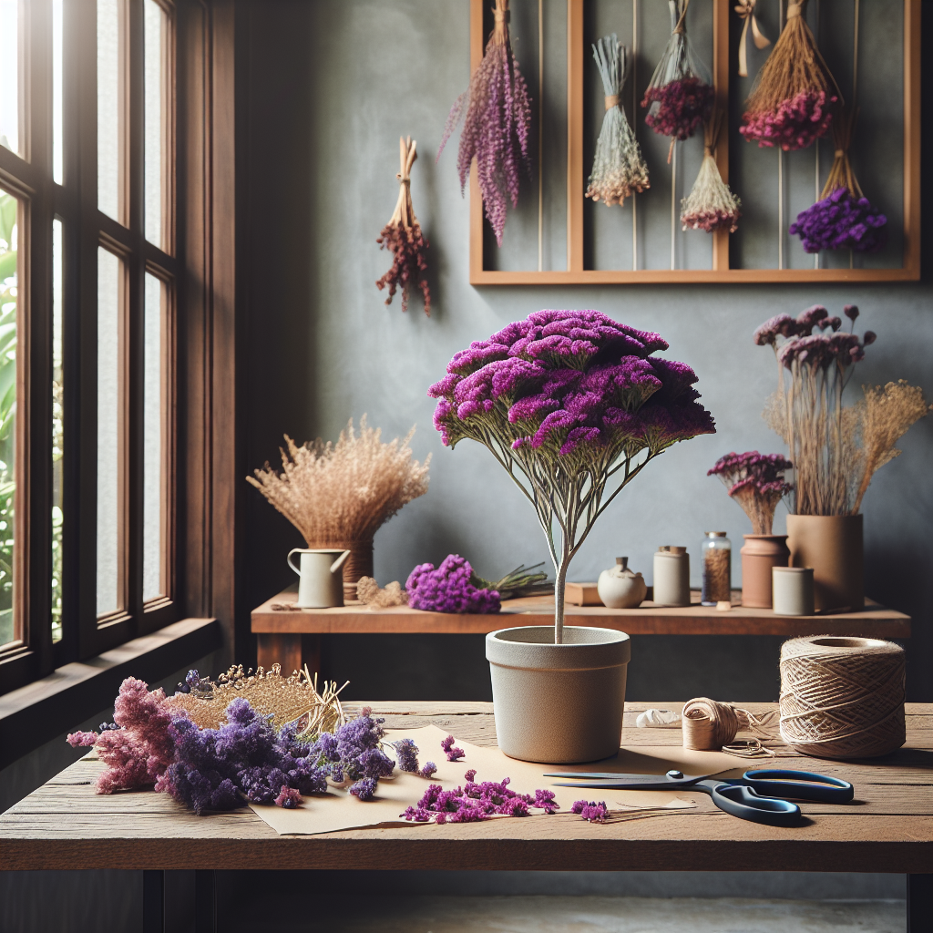 Picture of an indoor setting, featuring a vibrant Statice plant flourishing in a plain, unbranded ceramic pot on a wooden table by the window, with a backdrop of tastefully hung dried floral arrangements. The window allows for a soft natural light to illuminate the room, complimenting the plant's rich purple color. Stretched across the table, in the process of arrangement, are several dried Statice flowers of varying shades, along with unbranded scissors and a roll of rustic twine.