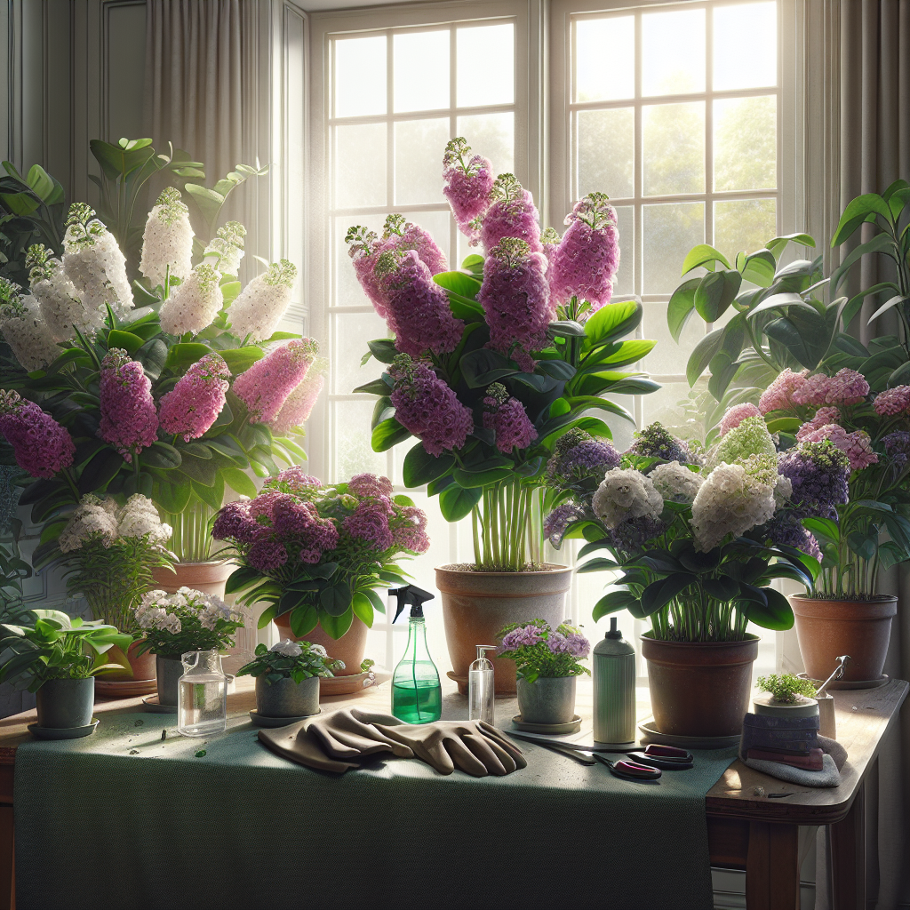 A domestic environment consisting of verdant indoor stock plants flaunting their fragrant blooms. Intense mauve and white flowers are thriving against rich green leaves. Utmost care is depicted in the image, reflecting through a spray bottle, watering can and a pair of gloves on a table off to the side. The room has a bright aesthetic benefited from natural light spilling through a large window, casting a warm glow onto the lovingly nurtured plants. There are no brand names, logos, text, or people present in this serene botanical setting.