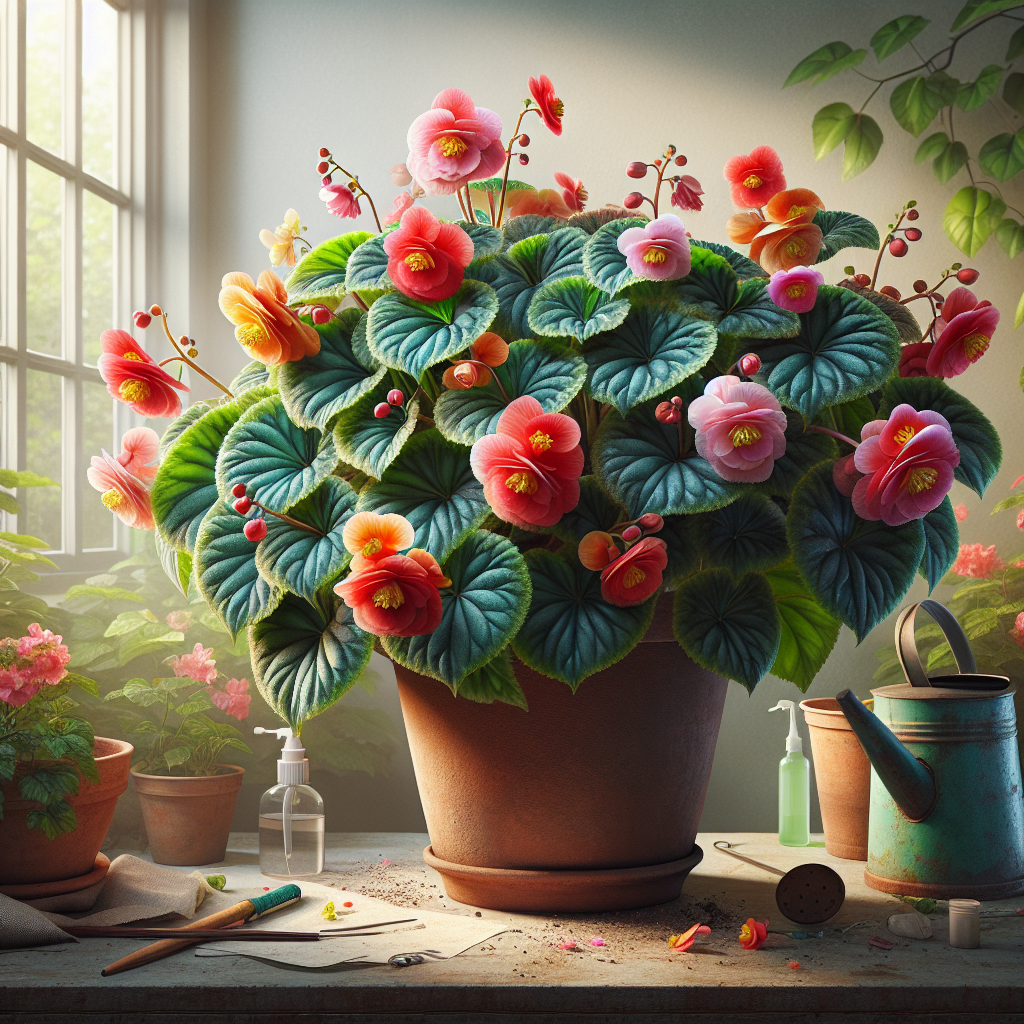 An indoor setting featuring a colorful Tuberous Begonia, bursting with showy blooms. A terracotta pot houses the plant, brimming with healthy, lush green leaves and eye-catching flowers that range from nuances of red and pink to orange and yellow. Various stages of the plant's life cycle are visible, from small buds to fully bloomed flowers. A watering can and a spray bottle lay nearby, hints at the care necessary for the plant's upkeep. The scene receives indirect, soft daylight which complements the natural setting, without any human presence, text, brand names, or logos.