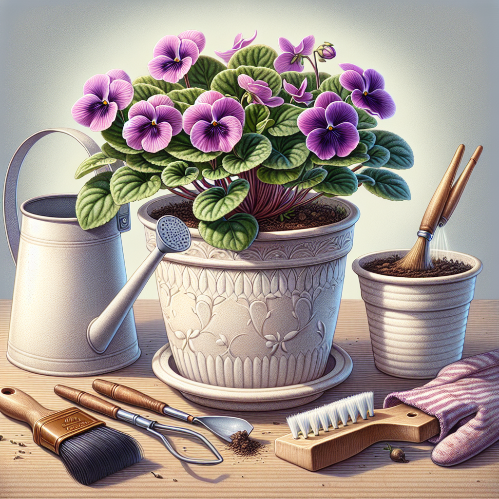 An illustration showing the process of indoor care for a violet plant to encourage year-round blooms. Display a lush, vibrant violet thriving in a delicately crafted plain ceramic pot at the center of the image. Surround the pot with items typically used for plant care - a small watering can, a pair of gardening gloves, some organic compost, and a soft bristle brush for gently dusting leaves. Make sure there are no brand names or logos visible on any items. Place this scene on a clean, wooden table. Let soft light filter in through a nearby window, signifying the importance of moderate sunlight for plant health.
