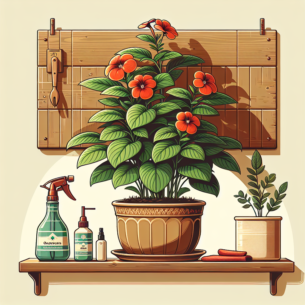 Illustrate a healthy indoor wallflower plant thriving in a well-lit room. Its vibrant orange-red petals contrast with the deep green leaves, adding a natural fragrance and color to the room. The plant is growing in a generic earthen pot mounted on a wooden wall mount, creating an aesthetic indoor garden scene. There are essential care tools nearby, a spray bottle for misting, a generic brand of organic fertilizer, and a pair of gloves. There's a soft light coming from a window, suggesting the plant is getting the proper care and conditions it needs. No people, text, brand names or logos are visible anywhere in the image.