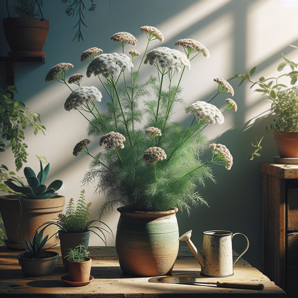 A vivid scenery depicting the process of nurturing an indoor Yarrow plant. The picture captures the wild and natural beauty of the Yarrow with its petite, white flowers and feathery, green leaves. The plant is beautifully situated in a non-branded, rustic ceramic pot placed on a wooden table. Sunlight gently bathes the scene from a window nearby, enhancing the earthy tones. There is an unlabelled, vintage-style watering can by its side. The background is a serene, white wall adorned with various potted, non-branded houseplants, creating a pleasing blend of indoor greenery.