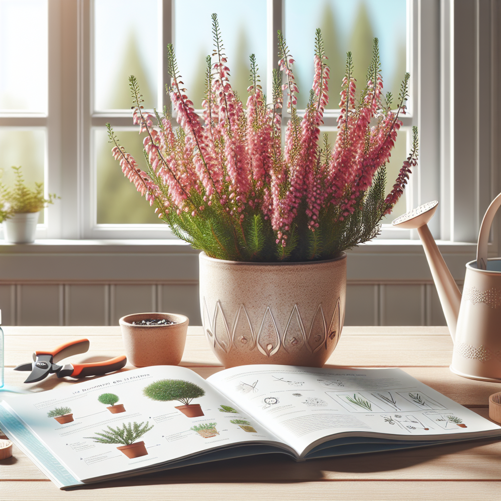 A bright, inviting image displaying the indoor care and maintenance of Bell Heather. The image features a Bell Heather plant thriving in an attractive pot, placed on a clean wooden table. There are some gardening tools placed beside it: a small watering can, pruning shears, and a spray bottle for misting the plant. Close to these items, there's a detailed care guide book open on the page about Bell Heathers, showing diagrams and infographics but no legible text. The window in the background allows a soft, natural daylight to brighten the setting. There are no brands or logos present in the image.