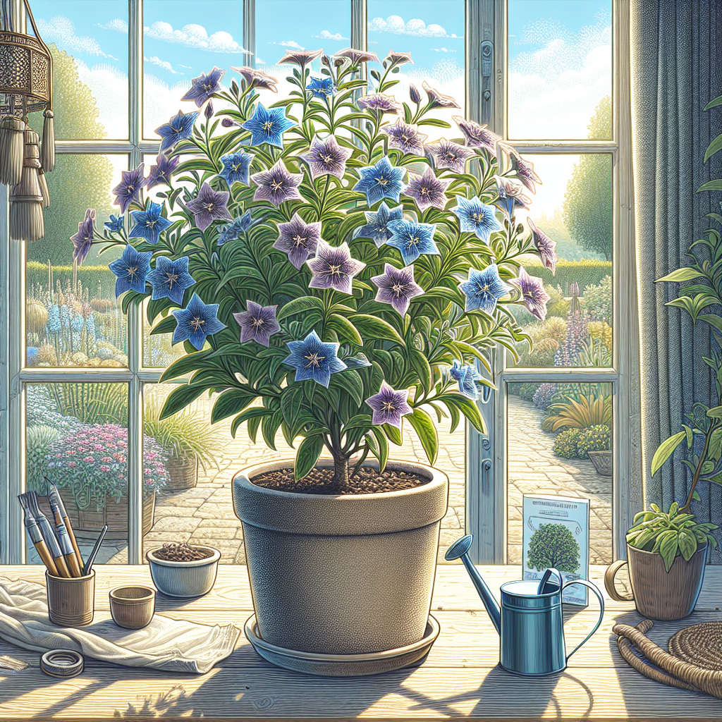 A detailed illustration of an indoor gardening scene, focusing on a Browallia plant flourishing with starry blooms. This vibrant plant should be displayed in a neutral ceramic pot, placed on a wooden table by a sun-filled window. Don't include people, text, or brand logos. Against the window, a beautiful outdoor garden scene can be seen, accentuating the contrast between indoor and outdoor gardening. On the table next to the pot, there should be a watering can and a packet of fertilizer, tools commonly associated with indoor gardening. Surround the scene with indoor decorations like hanging wind chimes or a woven rug on the floor to give it a cozy atmosphere.