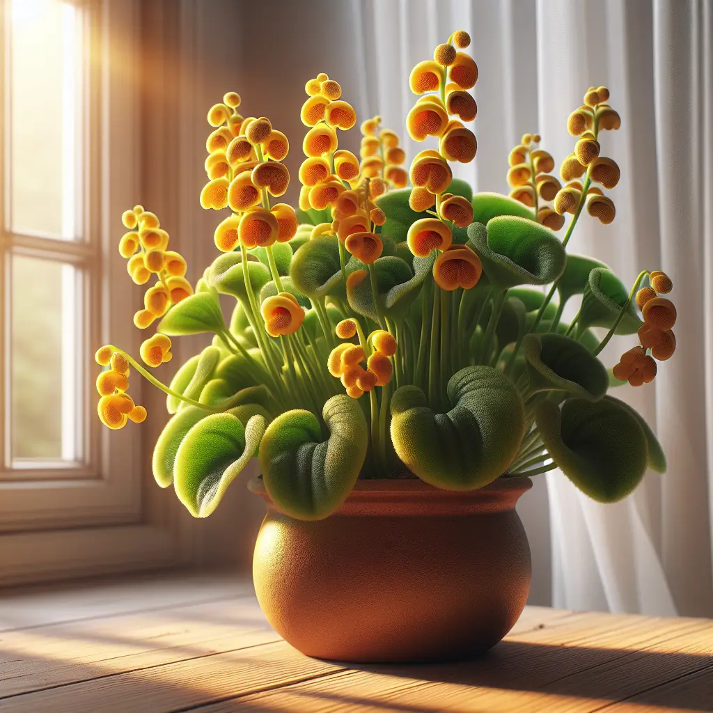 An indoor domestic scene showing a vibrant Calceolaria plant in a round terracotta pot. The plant is flourishing with its unique pouch-shaped golden flowers fully opened. The flowers are contrasted against the bright green leaves of the plant. The setting includes a sunny windowsill with soft light passing through sheer transparent curtains, projecting warm glows on the calceolaria. The image radiates the joy of indoor gardening and the care required to keep such a high-maintenance plant alive.