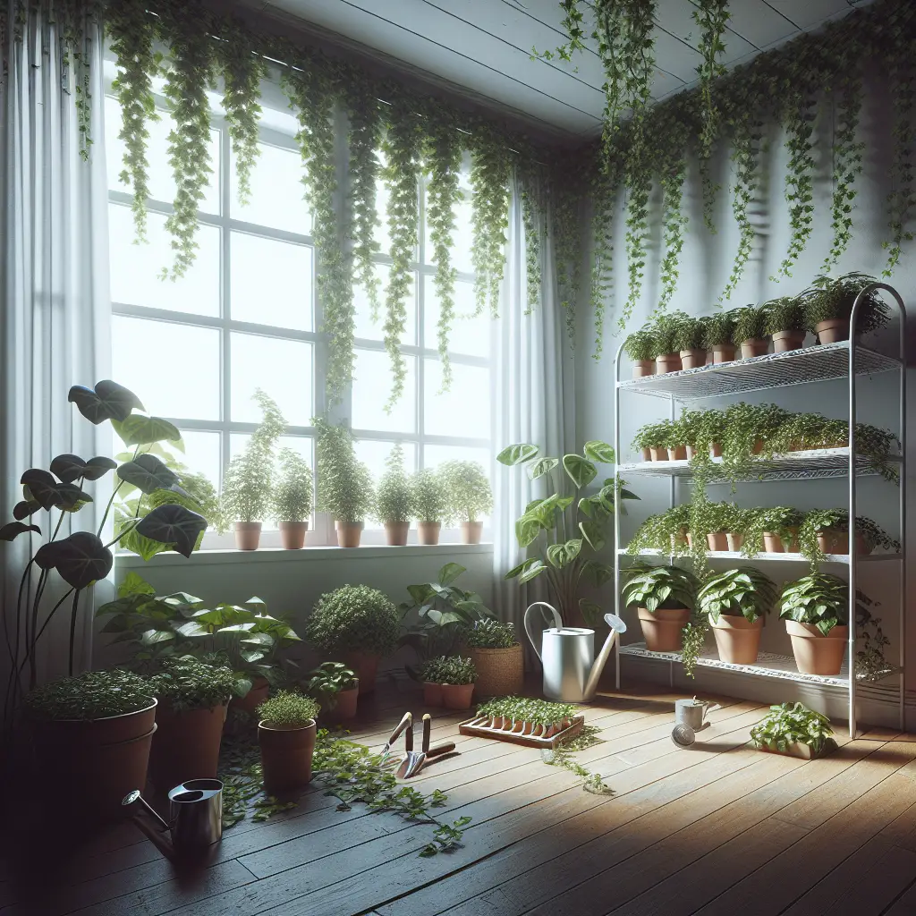 Illustrate an image focusing on thriving ivy plants in a dimly lit indoor environment. The scene should feature a lush, green English ivy crawling elegantly over a meticulously clean, ambient room complete with light filtered through soft, white curtains giving an illusion of low light. Shelves full of ivy pots should be in view, and by the window, include a functionally minimal watering can and a couple of gardening tools showcasing care and nurturing. Without incorporating any people, brands, or text, portray an air of serenity and tranquility. Make sure the image reflects the beauty of nurturing ivy in low light.