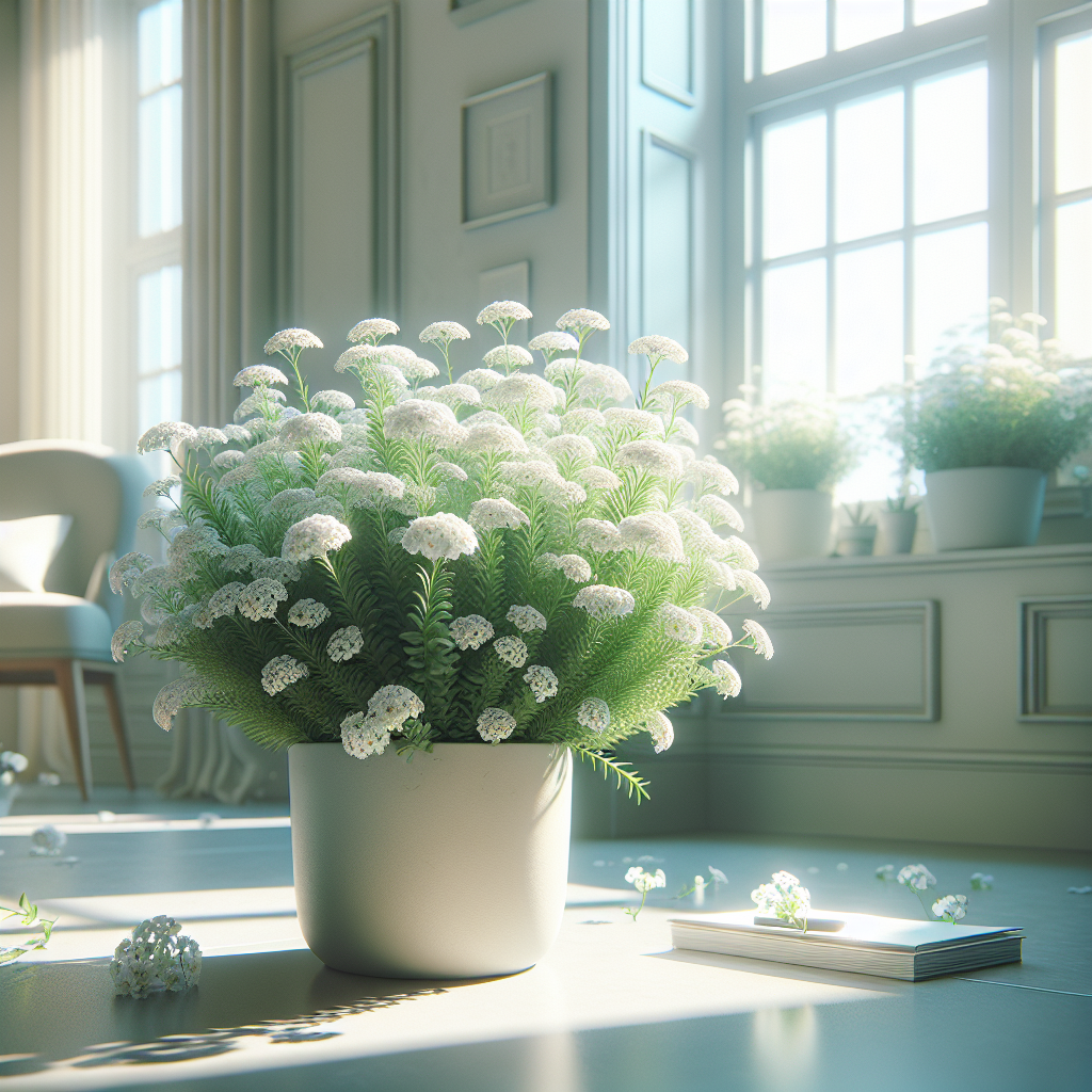 Envision an indoor setting where delicate blooms of a candytuft plant are flourishing. Notice how the lush leaves extend from the pot, sheltering the trimming white flowers that vivaciously swarm the room with life. The pot sits against a bright window, allowing sunshine to spill in, nourishing the plant. Only the plant, sunlight, and its indoor surroundings are the main focus of this scene, preserving the image's tranquil essence devoid of human presence. There are no words scribed anywhere, no labels, logos or brand names, just the silent, serene growth of the candytuft plant.