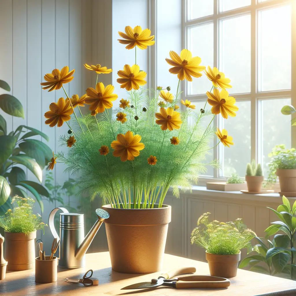 An indoor gardening scene featuring a flourishing coreopsis plant, primarily recognized by its vibrant, yellow, daisy-like flowers. The plant is seated in a non-branded terracotta pot ready for indoor care. Essential gardening tools like watering can and pruning scissors are arranged nearby. The scene is set against the backdrop of a sunny window, casting a warm glow over the interior, yet giving the sense of the coreopsis's need for sunlight. It depicts a calm and serene indoor environment enriched with greenery, excluding any human presence.