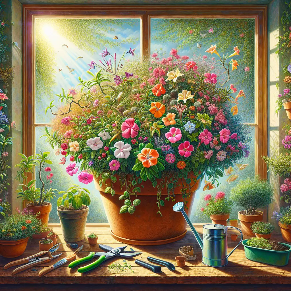 A vibrant depiction representing indoor cultivation of Cuphea plants for quirky blooms. This artful display shows a wide variety of Cuphea types in a large terracotta pot positioned by a window, each boasting an assortment of unique flowers in an array of colors. Sunlight streams from outside, illuminating the luscious and green foliage of the plants. Additionally, plant care items like watering can, potting soil, and pruning shears are set aside, with no brand names or logos visible. The setting is serene and peaceful, encompassing the delightful endeavor of indoor gardening.