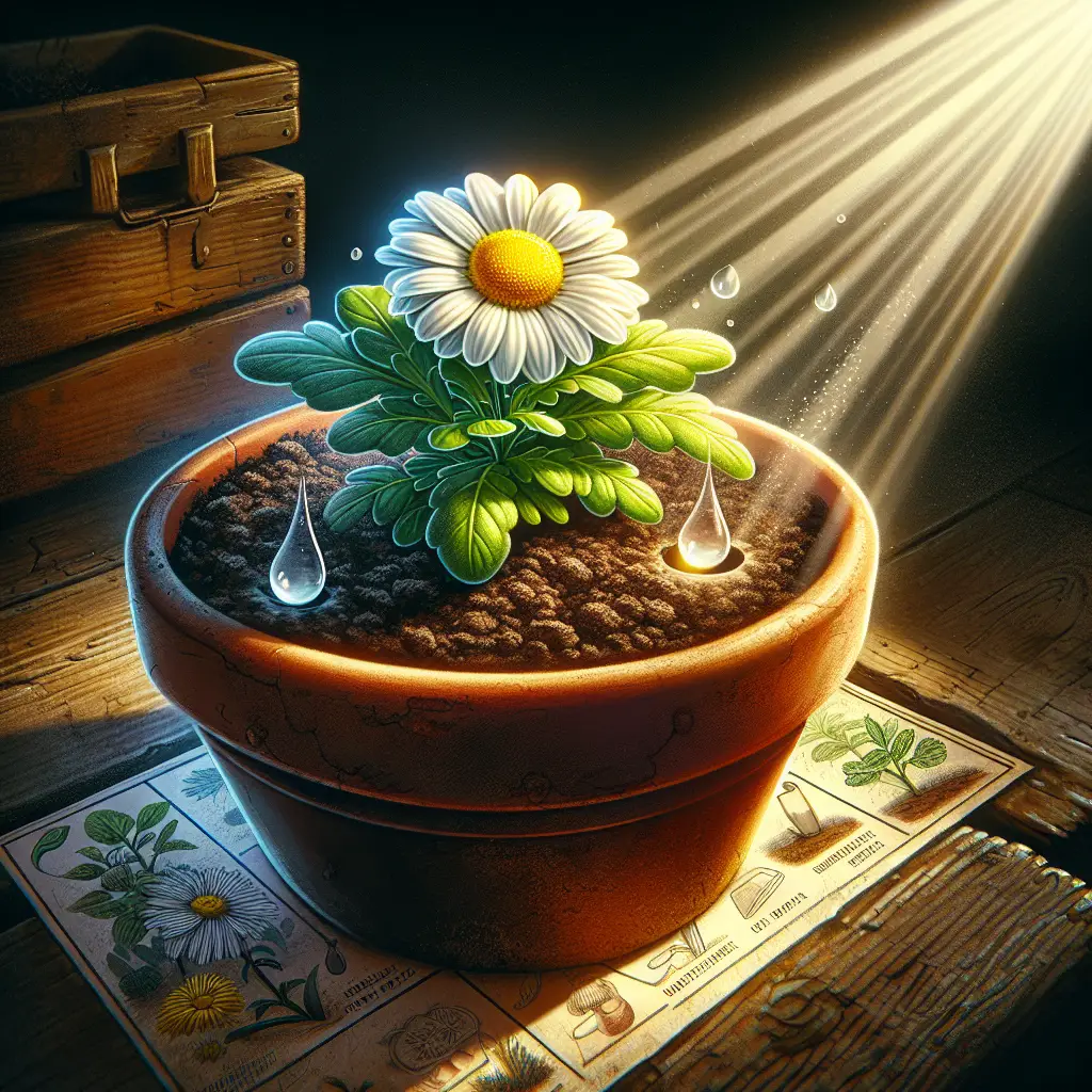 A vivid illustration showcasing the nurturing of an indoor English Daisy for traditional charm. The visual illustrates a pot of rich, dark earth with a small, healthy English Daisy plant, characterized by its bright yellow center, nestled inside. Droplets of water can be seen close to the soil, indicating recent watering. Projected onto the scene are soft rays of indoor light, a symbol of the care required to keep the plant healthy. The environment is rustic, with antique wooden furnishings, capturing that vintage, traditional charm. There are no people, text or brand names present in the image.