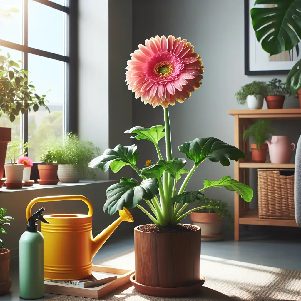 A vibrant Gerbera Daisy flourishing indoors. The plant is placed near a bright window, radiating shades of pink and orange against their surroundings. The leaves are deep green, contrasting with the wooden pot that holds it. Beside it, a vibrant yellow watering can and a moisturizing spray bottle, hinting at the plant's nurturing environment. In the background, houseplants of various types contribute to the indoor garden ambiance, with a minimalist interior design comprising of neutral colors, devoid of any persons and logos.